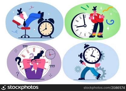 Businesspeople near clock stressed with missed deadline, overwhelmed with workload in office. Exhausted employees struggle with fatigue at workplace. Overwork concept. Flat vector illustration. Set.. Set of exhausted employees distressed with deadline at workplace