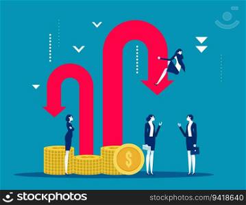 Businesspeople near downward arrows recession. Business financial crisis bankruptcy vector illustration