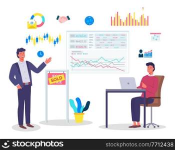 Businesspeople planning strategy, discussing development of business, analysing charts, graphics, finance. International successful deals, cooperation. Businessman with laptop talking with colleague. Businesspeople planning strategy, discussing development of business, analysing charts, graphics
