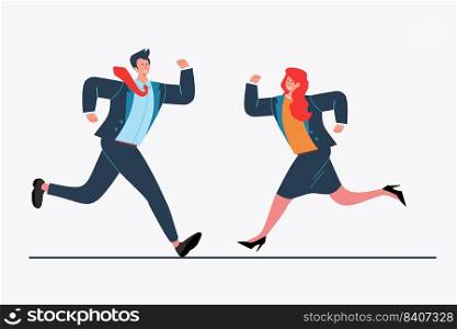 Businesspeople running to each other. Couple, partners, colleagues flat vector illustration. Business, cooperation, teamwork concept for banner, website design or landing web page