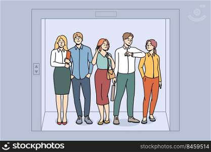Businesspeople sanding in elevator together. Employees or colleagues team waiting in lift in office. Teamwork. Vector illustration.. Employees standing in elevator in office