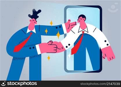 Businesspeople shake hands through cellphone having successful negotiation online. Smiling male business partners handshake on smartphone on virtual webcam call or meeting. Vector illustration. . Businessmen handshake though cellphone on online negotiations