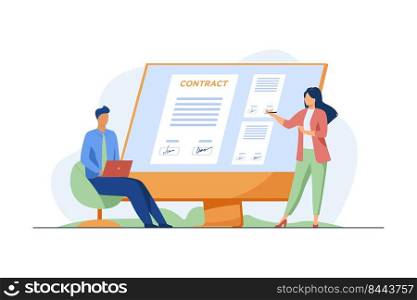 Businesspeople signing contract online. Partners affixing signatures to document on monitor flat vector illustration. Internet, global business concept for banner, website design or landing web page