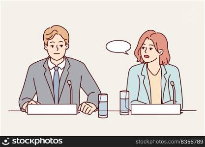Businesspeople sit at desk at meeting speak in microphones. Employees at conference making speech. Business and briefing. Vector illustration. . Businesspeople speaking at conference 