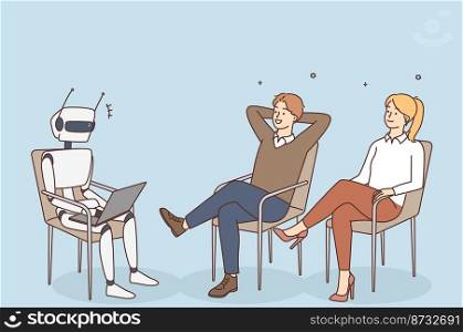 Businesspeople sit in chairs relaxing watch AI robotic assistant working on laptop. Employees take break from job with robot replace worker in office. Vector illustration. . Businesspeople watch robot working on computer 