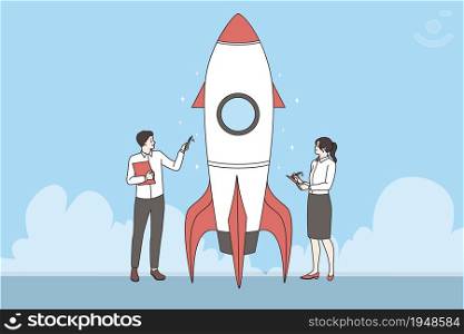 Businesspeople stand near rocket talking speaking, metaphor of starting business project. Man and woman brainstorm launch successful strategy or idea. Accomplishment. Flat vector illustration.. Businesspeople stand near rocket launch business project