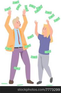 Businesspeople standing under money rain and catch dollar bills. Cash bills as symbol of success. Business success concept. People catch money falling from sky. Rich characters make big money. Businesspeople standing under money rain and catch dollar bills. Cash banknotes as symbol of success