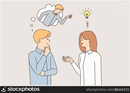 Businesspeople talk brainstorm discuss business idea. Man think of stealing female colleague ideas or thoughts. Competition and rivalry. Vector illustration. . Man worker think of stealing coworker ideas 