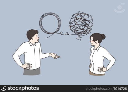 Businesspeople talk brainstorm discuss idea together, solve business problem. Man and woman employees colleagues unravel complex situation. Teamwork, solution concept. Vector illustration. . Businesspeople talk solve complex business problem together