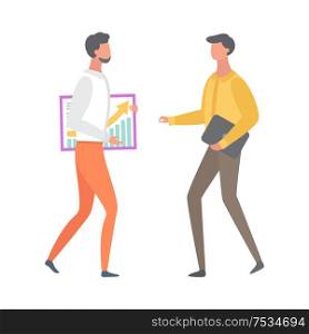 Businesspeople talking, graphs and charts on poster, man with briefcase. Businessman analyzing sales and investments of company. Worker planning strategy vector. Businesspeople Talking Graphs and Charts on Poster