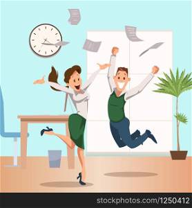 Businesspeople Team Jumping Celebrating Victory. Happy Coworker Couple Express Emotion Together. Thrilled Male and Female Office Worker. Fun Teamwork. Cartoon Flat Vector Illustration. Businesspeople Team Jumping Celebrating Victory