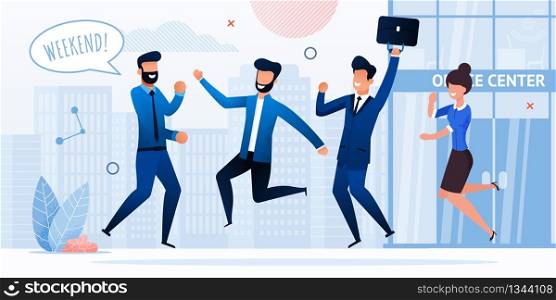 Businesspeople Weekend Flat Vector Concept with Happy Businessmen and Businesswoman, Excited Employees or Office Workers Jumping, Celebrating Ending of Working Week near Company Office Illustration