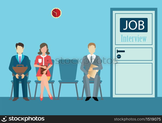 Businesspeople with files sitting on chair front of a door for giving interview, job interview conceptual vector illustration.