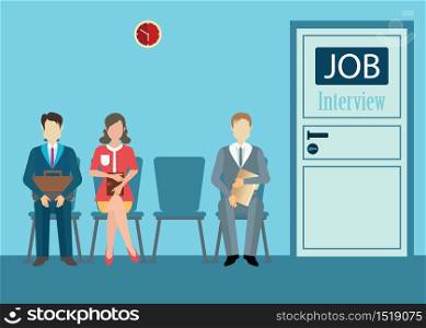 Businesspeople with files sitting on chair front of a door for giving interview, job interview conceptual vector illustration.