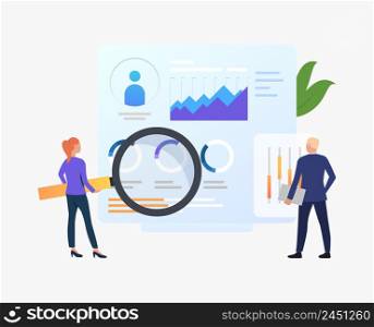 Businesspeople with magnifying glass at charts vector illustration. Business research, analysis, audit. Marketing concept. Creative design for layouts, web pages, banners. Businesspeople with magnifying glass at charts vector