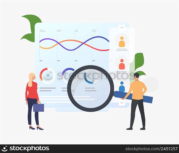 Businesspeople with magnifying glass at diagrams vector illustration. Workflow, data, annual report. Marketing concept. Creative design for layouts, web pages, banners. Businesspeople with magnifying glass at diagrams vector