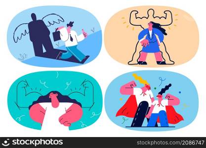 Businesspeople with muscles hands at back show power and leadership at workplace. Powerful company leader show strength and success at work. Goal achievement. Flat vector illustration. Set.. Set of powerful businesspeople show leadership and strength at work