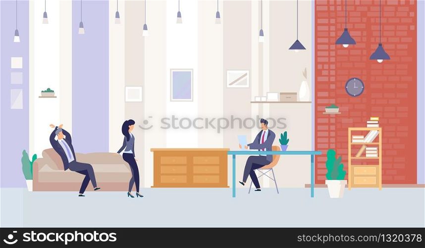 Businesspeople Working in Office, Company Employees Meeting in Boss Cabinet, Colleagues Discussing Ideas, Leader Sitting at Desk, Reading Documents, Analyzing Contract Terms Flat Vector Illustration