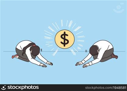 Businesspeople worship dollar coin symbol. Man and woman have prayer ceremony to money. New religion, finance concept. Wealth and greed. Flat vector illustration, cartoon character.. People worship to money on their knees