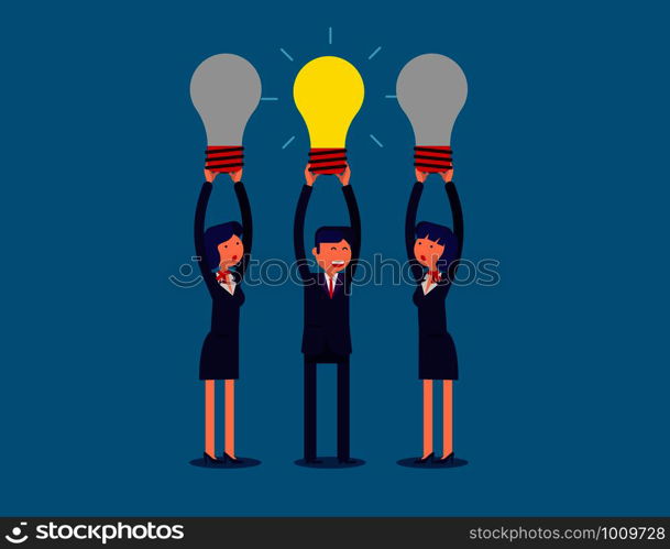 Businessteam holding idea light bulbs above his head. Concept business creative ideas vector illustration.