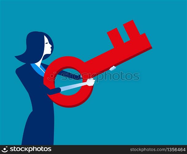 Businesswoman aiming key to success. Concept business vector illustration, Key, Pointing.