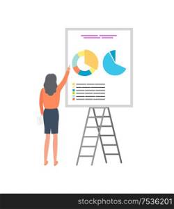 Businesswoman analyzing sales and investments of company. Worker planning professional strategy, reporter pointing on pies and charts presenting report, vector. Businesswoman Analyzing Sales and Investments