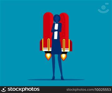 Businesswoman and a rocket suit to lift. Business successful concept.