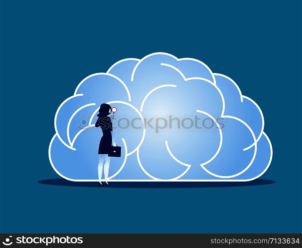 Businesswoman and brain searching. Concept business vector illustration.