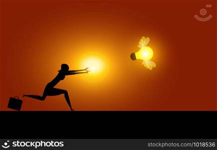 Businesswoman and bulb fly. Concept business vector illustration.