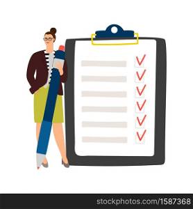 Businesswoman and checklist. Girl holding pen and to do list. Business time management, examination vector illustration. Businesswoman checklist management