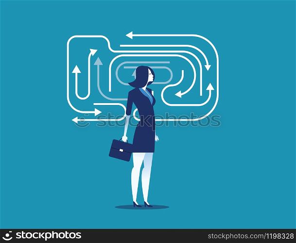 Businesswoman and confusion thoughts. Concept business vector illustration. Flat design style.. Businesswoman and confusion thoughts. Concept business vector illustration. Flat design style.
