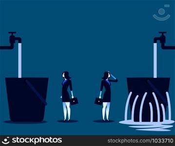 Businesswoman and leaking bucket. Contrast between business. Vector illustration.. Businesswoman and leaking bucket. Contrast between business. Vector illustration.