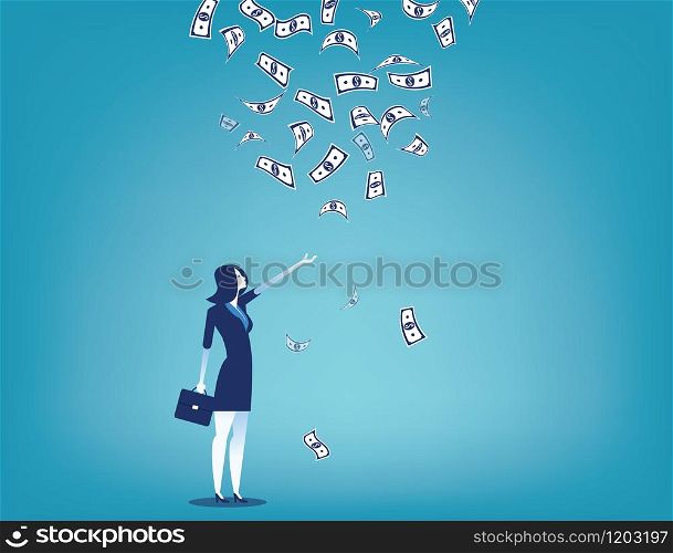 Businesswoman and money rain. Concept business vector illustration. Flat design style.