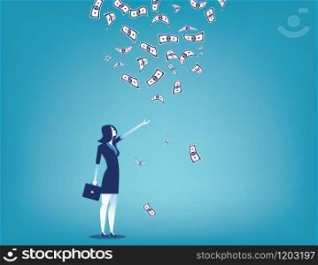 Businesswoman and money rain. Concept business vector illustration. Flat design style.