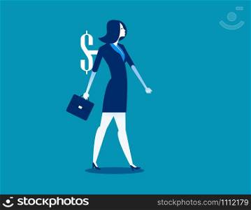 Businesswoman and money shaped wind-up key in his back. Concept business vector illustration.