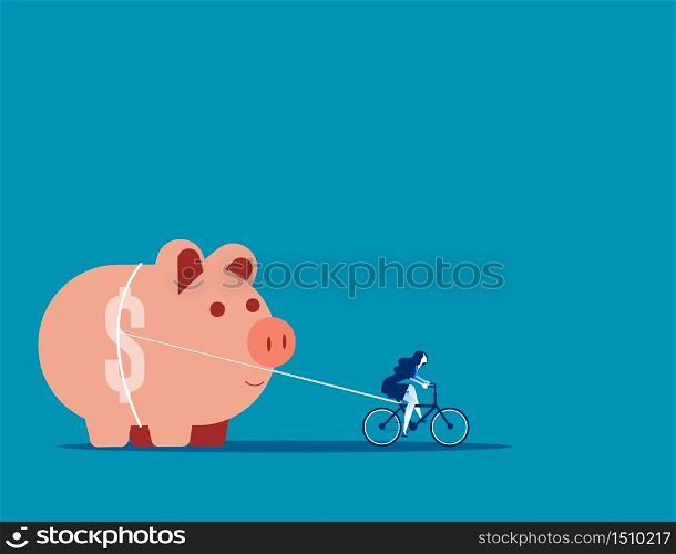 Businesswoman and piggy bank. Concept business vector illustration, Assistance, Pulling, Saving.