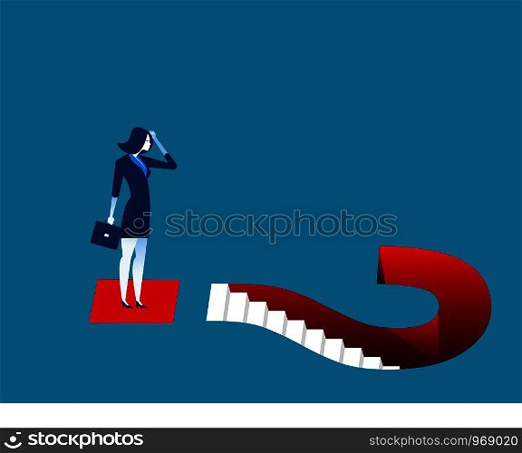 Businesswoman and question marks. Concept business illustration. Vector flat.