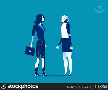 Businesswoman and robot switch body. Concept business vector illustration.