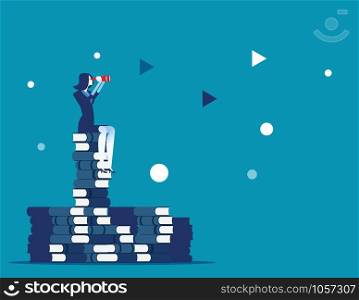 Businesswoman and search for success. Concept business vector illustration. Sitting on the books.