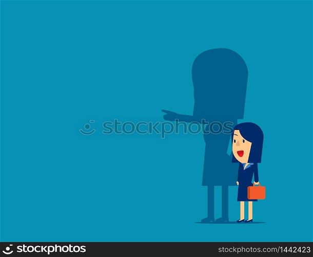 Businesswoman and shadow pointing to target. Concept business vector illustration, Achievement, Direction.