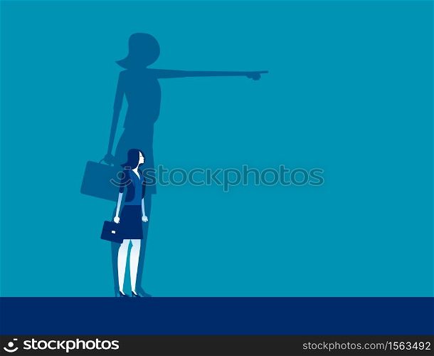 Businesswoman and shadow pointing to target. Concept business vector illustration, Achievement, Direction.