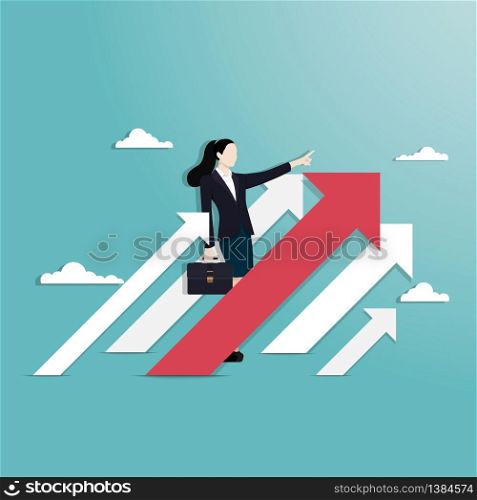 Businesswoman and success. business investment direction. strategy and planning concept. achievement. startup. symbol of arrow goal. vector illustration flat design