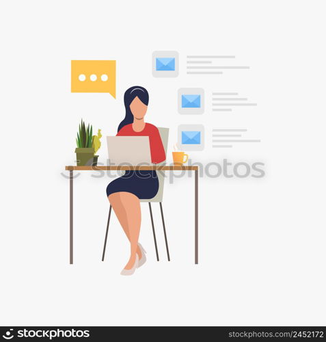 Businesswoman answering e-mail in office vector illustration. Secretary, office worker, internet communication. Business concept. Creative design for websites, business presentations, banners. Businesswoman answering e-mail in office vector illustration