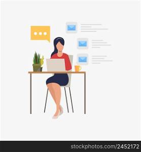Businesswoman answering e-mail in office vector illustration. Secretary, office worker, internet communication. Business concept. Creative design for websites, business presentations, banners. Businesswoman answering e-mail in office vector illustration