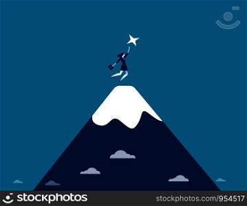 Businesswoman at the top. Concept business success illustration. Vector cartoon character and abstract flat