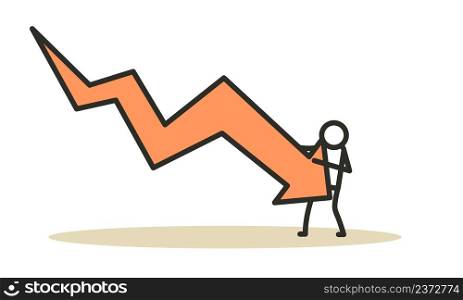 Businesswoman bankrupt recession loss business vector concept illustration. Woman pushed red arrow downward. Failure pressure market cut crisis. Economy debt fall rate. Risk investment currency price
