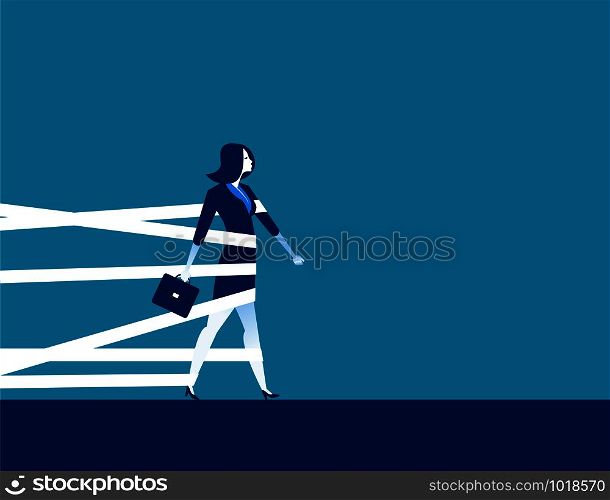 Businesswoman being held back by tape. Concept business vector.