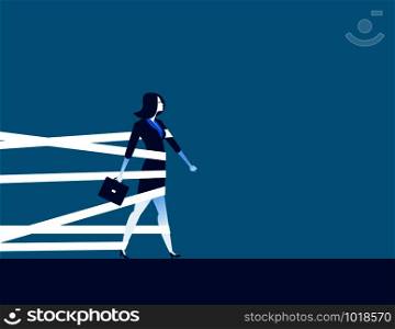 Businesswoman being held back by tape. Concept business vector.