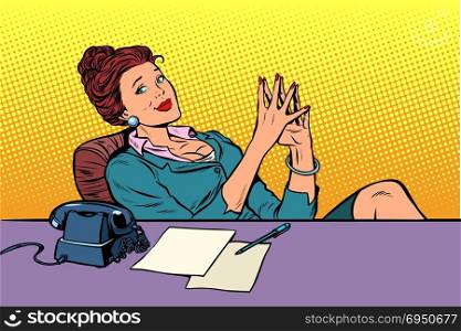businesswoman boss sitting at the office Desk. Pop art retro vector illustration comic cartoon vintage kitsch. businesswoman boss sitting at the office Desk