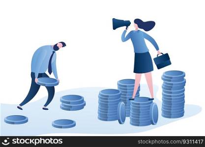 Businesswoman boss standing on stacks of coins and unhappy employee carries coins.Company Relationships concept,low pay and business slavery. Trendy style vector illustration.